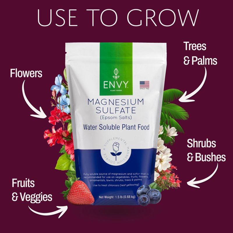 ENVY Organic Magnesium Sulfate Plant Food - Water Soluble Epsom Salts | Fertilizer for Roses, Flowers, Shrubs, Vegetables and Trees (1.5 lbs)