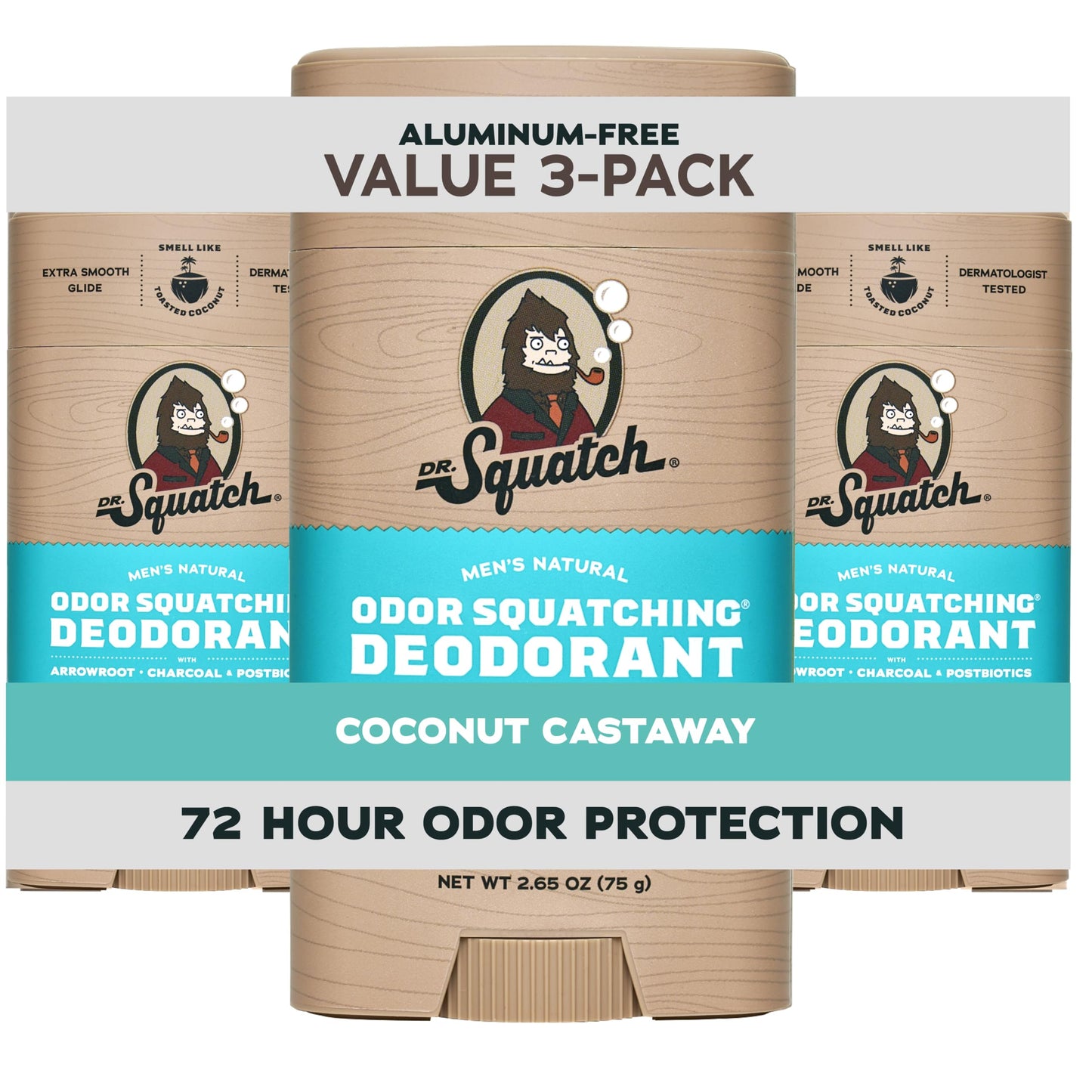 Dr. Squatch Natural Men’s Deodorant – Aluminum Free Natural Deodorant Men with Charcoal & Postbiotics for 72-Hour Odor Protection – Coconut Castaway, 2.65oz Stick (3-Pack)