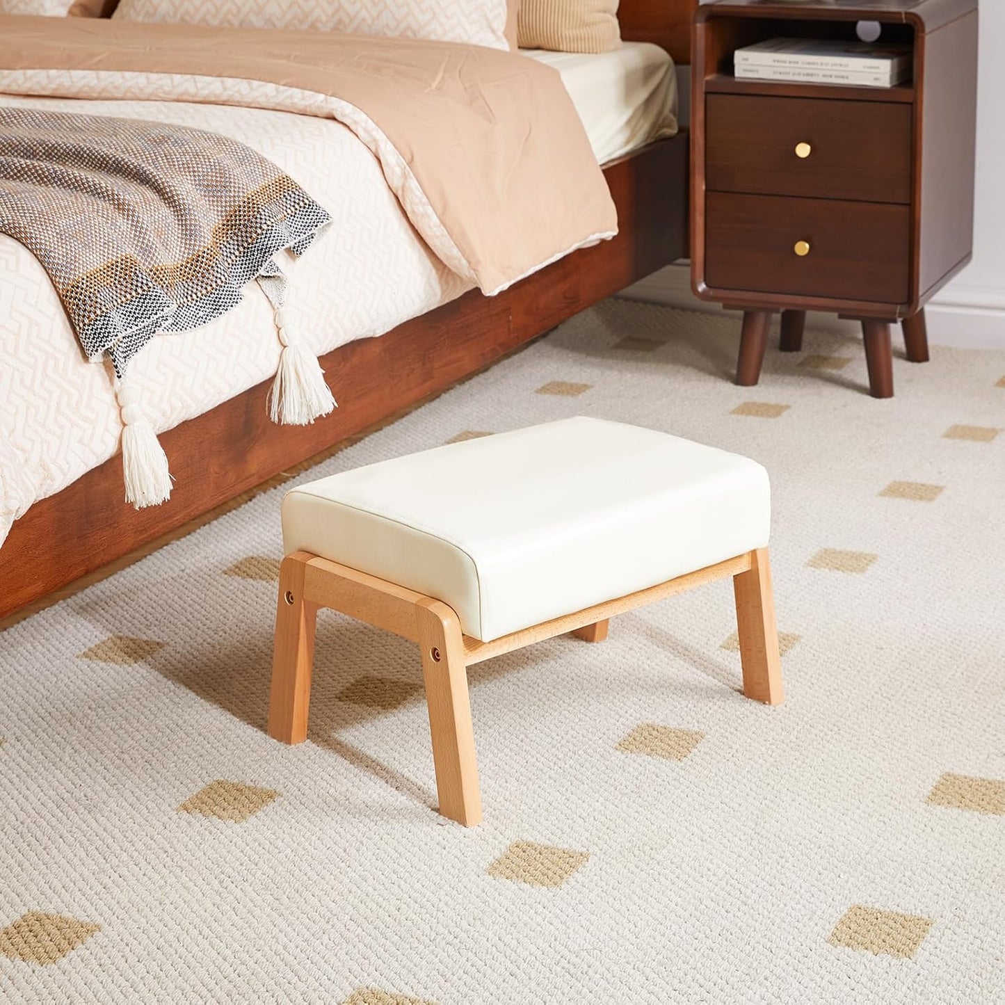 Small Foot Stool Ottoman - 10.2” Rectangle PU Faux Leather Foot Rest with Padded Seat & Wood Legs | Modern Accent for Living Room & Office, White