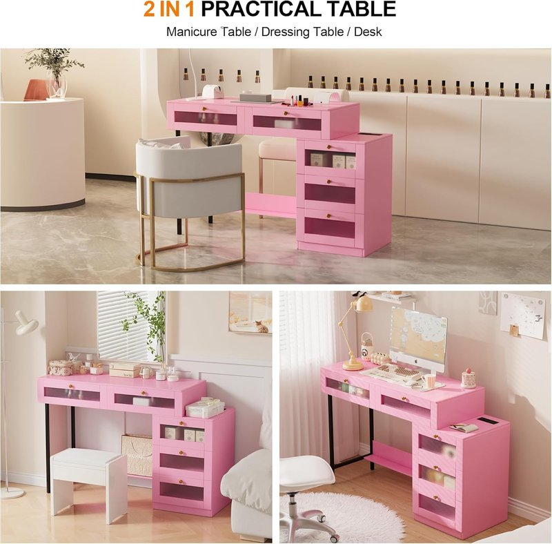 Skiennix Manicure Table - Professional Nail Desk with Storage Drawers | Makeup Vanity for Home Office
