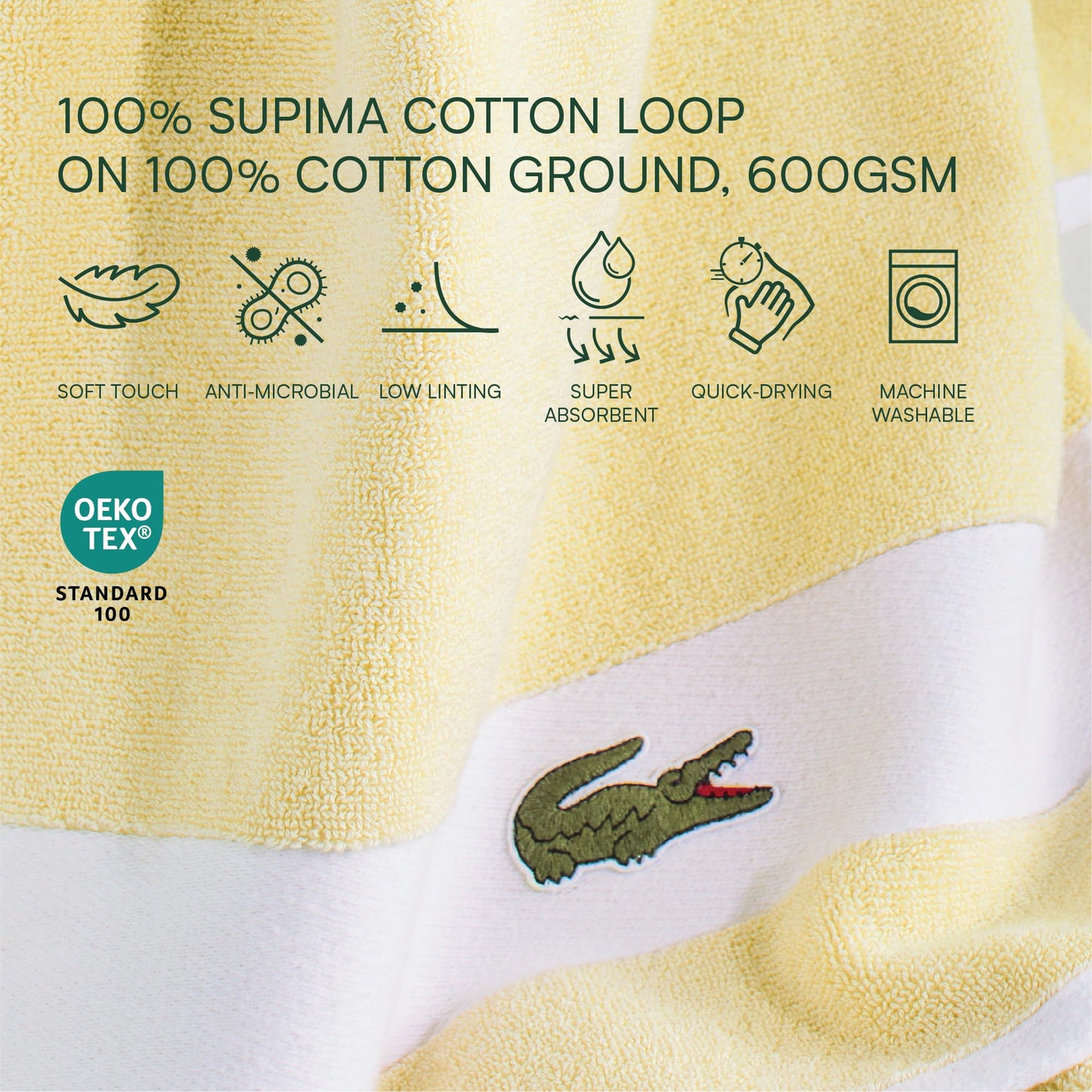 Lacoste Sport Stripe 6-Piece Luxury Cotton Towel Set – Made with 100% Soft Supima Cotton, Absorbent & Quick-Drying, Includes 2 Bath Towels, 2 Hand Towels, 2 Washcloths, Yellow