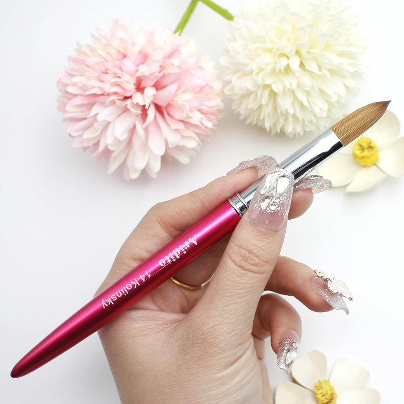 Kolinsky Hair Acrylic Nail Brush - Professional Flat Brush with Rose Red Handle & Cap | Size #8