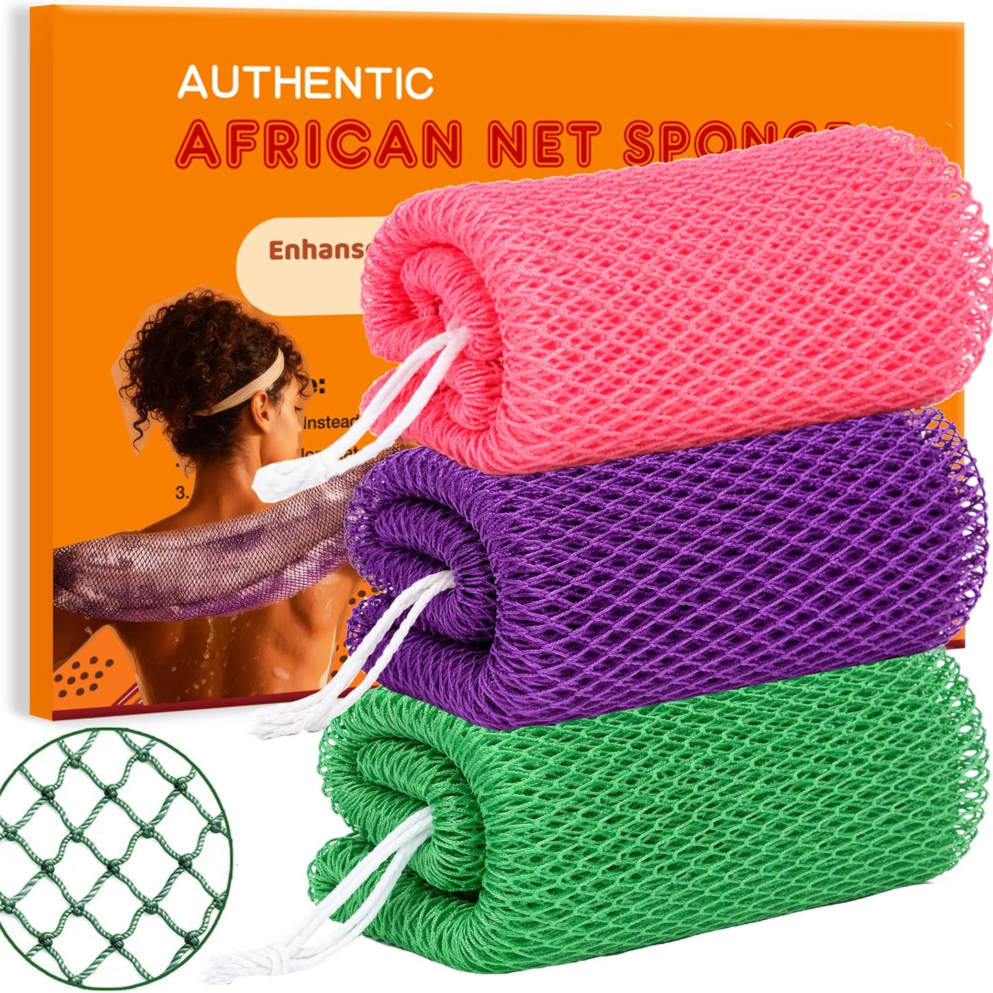 African Net Sponge Authentic, 3 Pieces African Exfoliating Net Sponge Body Back Scrubber Exfoliating Washcloth for Shower Bath for All Types (Pink+Purple+Green, 3 Pcs)