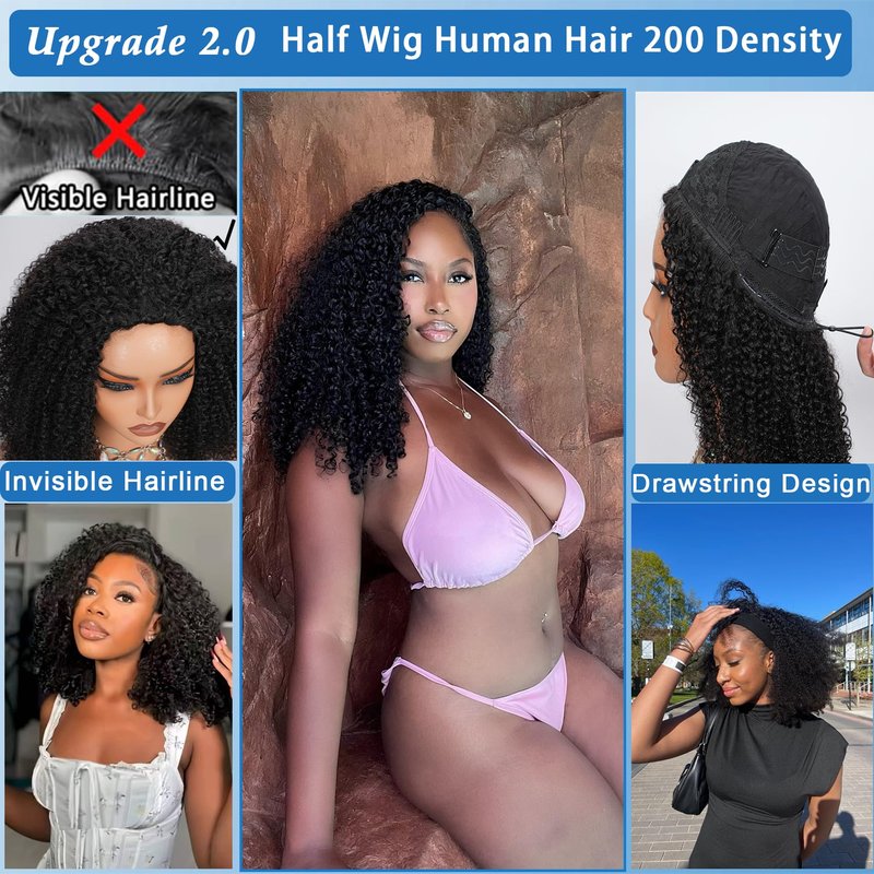 Ding Dian Kinky Curly Half Wig Human Hair 200% Density 3 In 1 Glueless Wear and Go Kinky Curly Wig Human Hair Seamless Flip Over Wig Drawstring Headband Wig Beginner Friendly 16 Inch