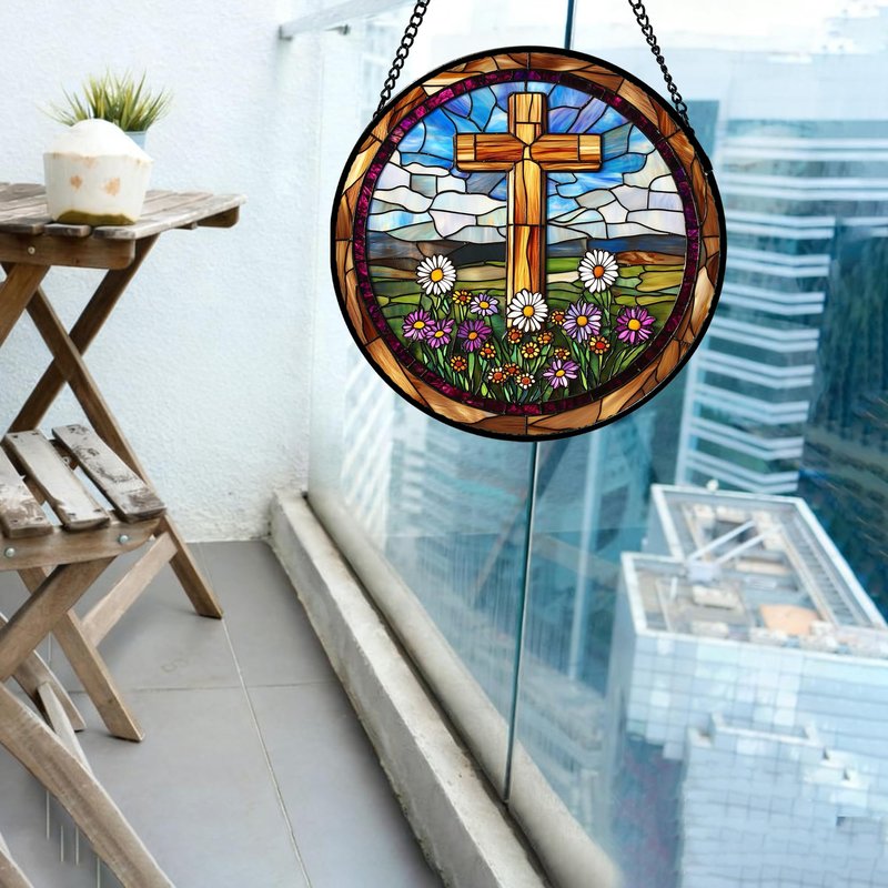 QZQCBLC Christian Gifts for Women - Cross Stained Glass Window Hanging Easter White and Purple Daisy Sun Catcher Garden Religion Decor Mother's Day Catholic Gift for Men Grandma Nana Her Mom 6.3"