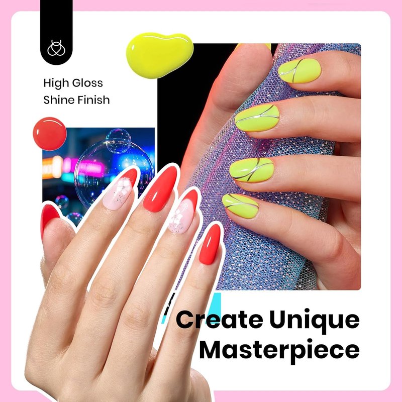 Beetles Neon Gel Nail Polish - Neon Bubbles, Hema Free 6 Colors Summer Gel Nail Polish Set Full Size Hot Pink Orange Yellow Blue Purple Green Soak Off UV LED DIY Bright Rainbow Summer Nails Salon