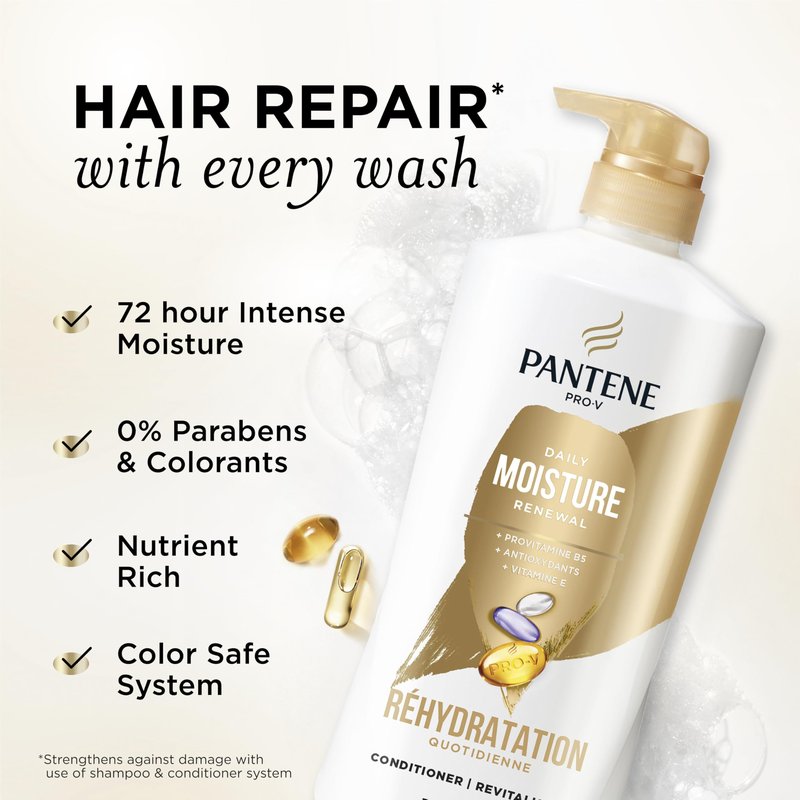 Pantene Shampoo & Conditioner Set, Daily Moisture Renewal with Vitamin E - Pro-V Nutrients for Dry, Color-Treated, Straight to Curly Hair, 72-Hour Hydration & Softness, 52.8 Oz Total