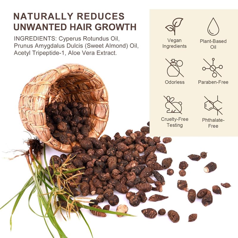 Cyperus Rotundus Oil for Hair Removal - Natural Formula to Reduce Unwanted Hair Growth & Moisturize Skin - 2.02 Fl Oz / 60ml