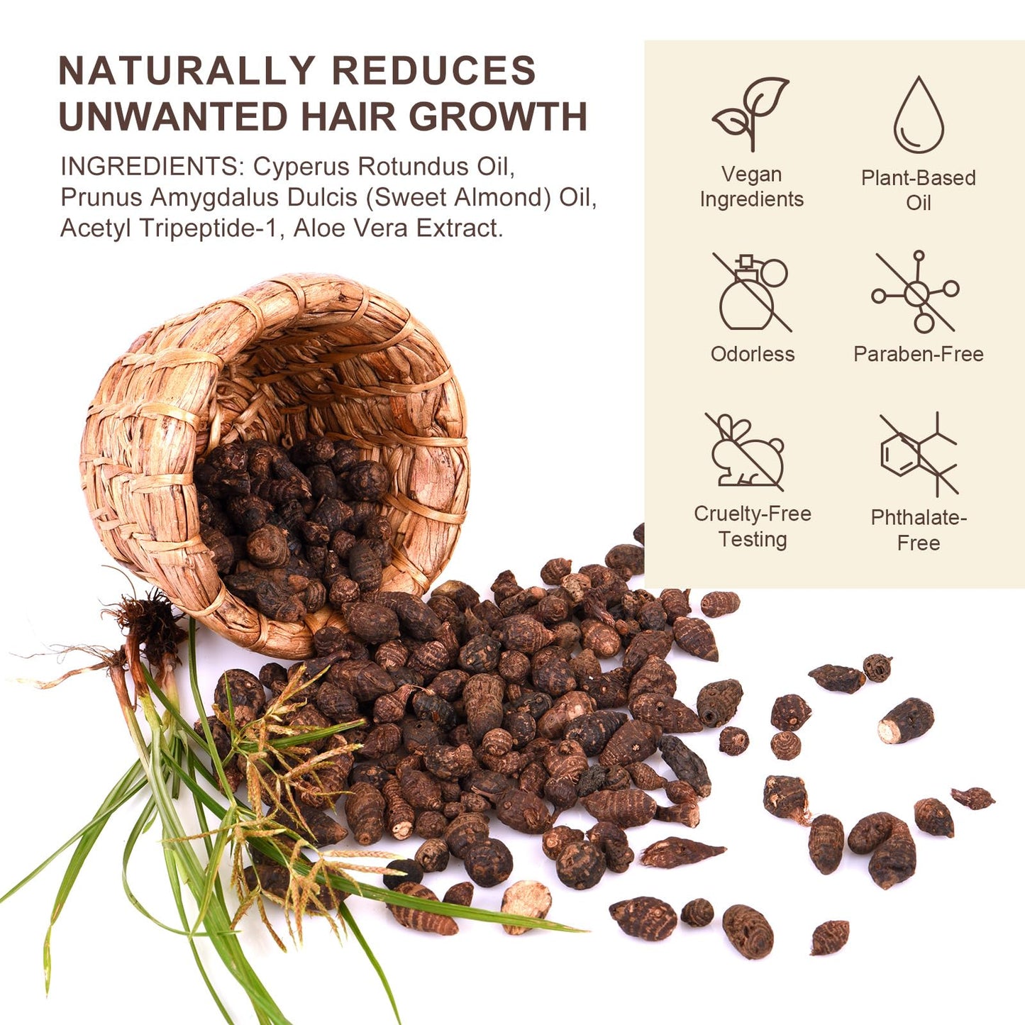 ZIXAOK Natural Cyperus Rotundus Oil for Hair Reduction | Slows Unwanted Body Hair Growth on Face, Arms, Bikini Line | Balances Skin Tone & Moisturizes | 100% Pure, All Skin Types | 2.02 Fl Oz