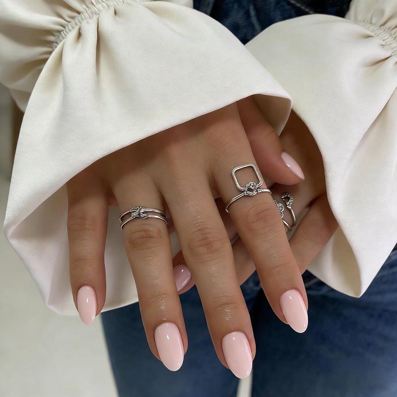 KQueenest Press On Nails - Pale Pink Oval Extra Short | 32 Pcs, 16 Sizes, Reusable Glossy Design