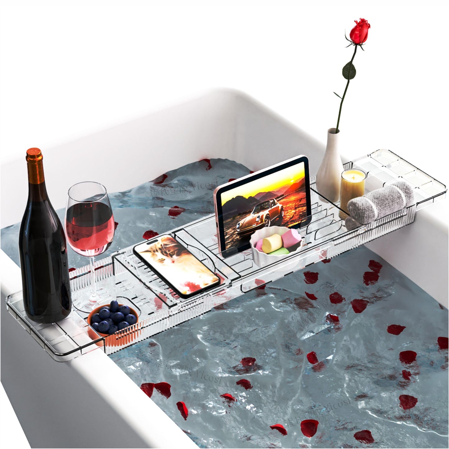 Yieach Luxury Tub Tray for Bathtub Expandable,Clear Bath Shelf Over Tub and Acrylic Bathtub Tray,Plastic Bath Board & Table,Bath Caddy Tray & Accessories for Mothers,Mom and Women Relaxing Spa Gifts