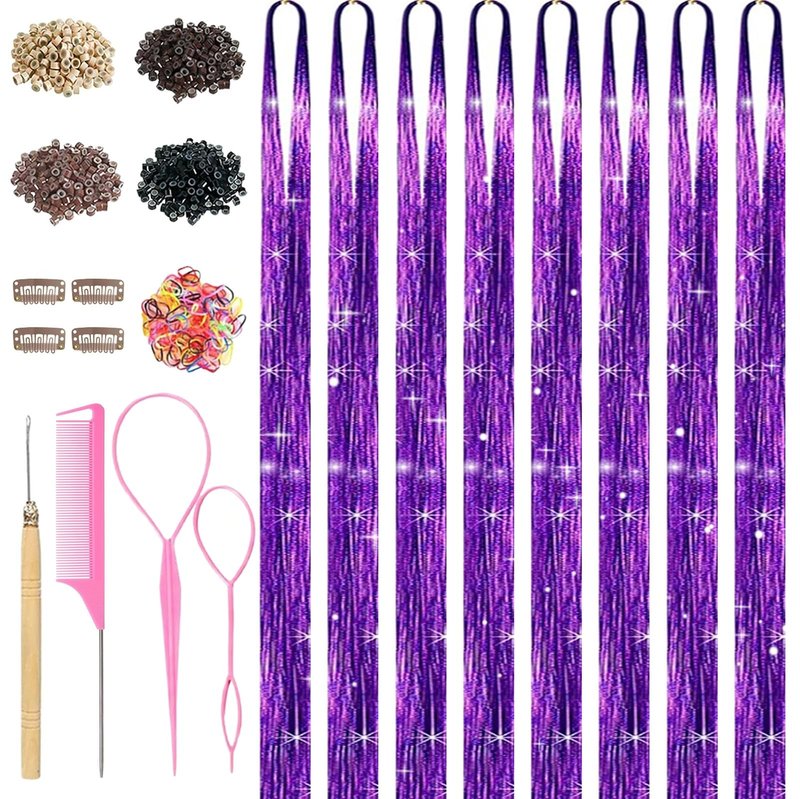 Purple Hair Tinsel, 8 Pcs Fairy Hair Tinsel Kit for Girls Women 48 Inch 3200 Strands with Tools Hair Accessories Glitter Tinsel Hair Extensions for Party Festival Christmas (Purple)