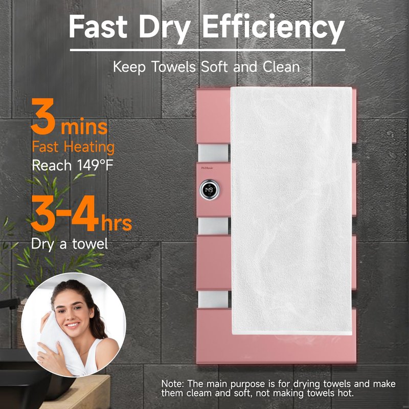 P&Dlusir Towel Warmer, Heated Towel Rack with Adjustable Temperature and Timer (1-24h, On), Fast Heating and Drying for Bathroom, Memory & Remote Control Compatible, Left-Wiring, 4-Panel, Silver