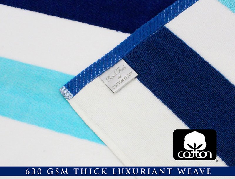 COTTON CRAFT Oversized XXL Beach Towel - 7 Foot Extra Large Big & Tall Huge Beach Blanket Towel - 100% Cotton Jacquard Velour - Plush Super Soft Luxury Pool Bath Yoga Towel -35x84- Cabana Stripe Blue