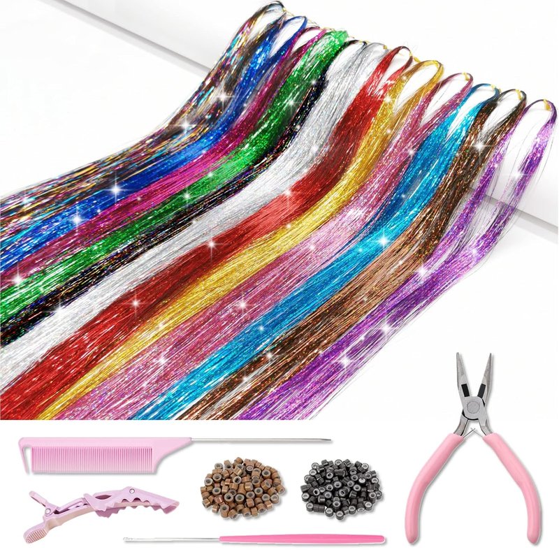Skiennix Hair Tinsel Kit - 2400 Strands of Glittering Extensions | 12 Colors, 48 Inches for Women & Girls