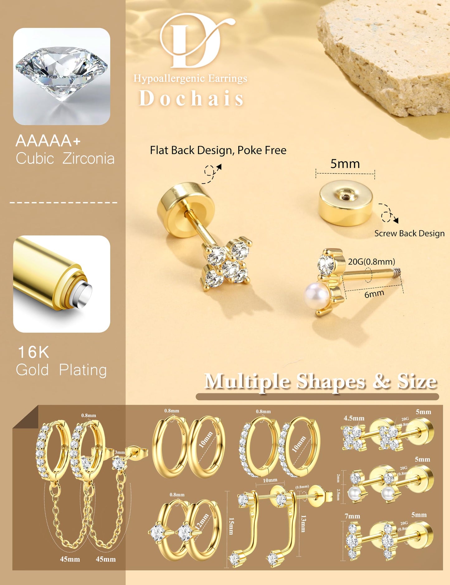 Dochais Hypoallergenic Flatback Stud Hoop 14K Gold Plated Earrings Stacks - Surgical Stainless Steel Earring Set Chain Cartilage Earrings - Small Ear Piercing Flat Back Earring for Women Trendy