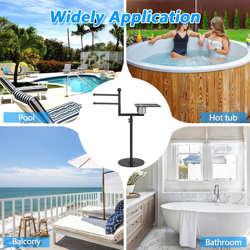2-in-1 Pool Towel Rack Outdoor, Adjustable Height Poolside/Hot Tub Side Towel Rack Combine 360°Rotating 3-Bar & Tabletop, Space-Saving Freestanding Towel Holder for Poolside, Hot Tub, Patio Area
