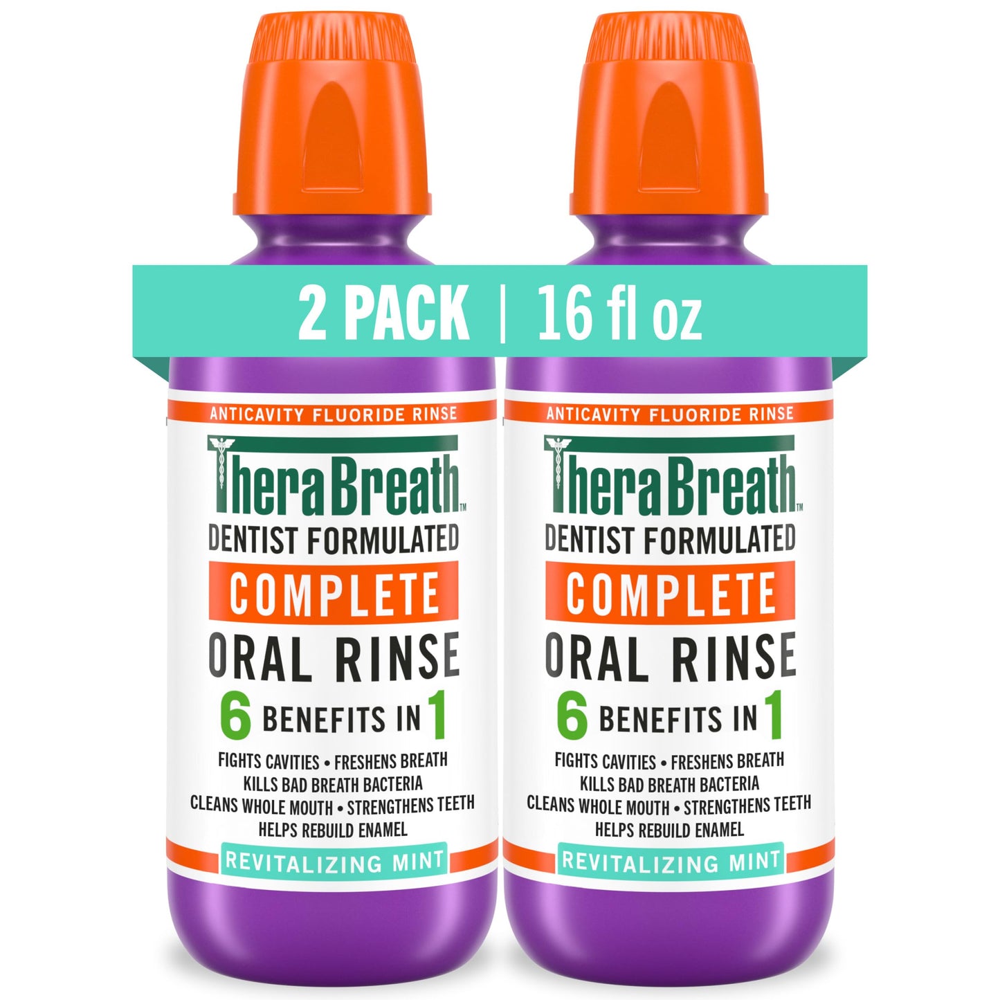 TheraBreath Complete Mouthwash, 6-in-1 Benefits, Alcohol-Free, Revitalizing Mint (2 Pack)
