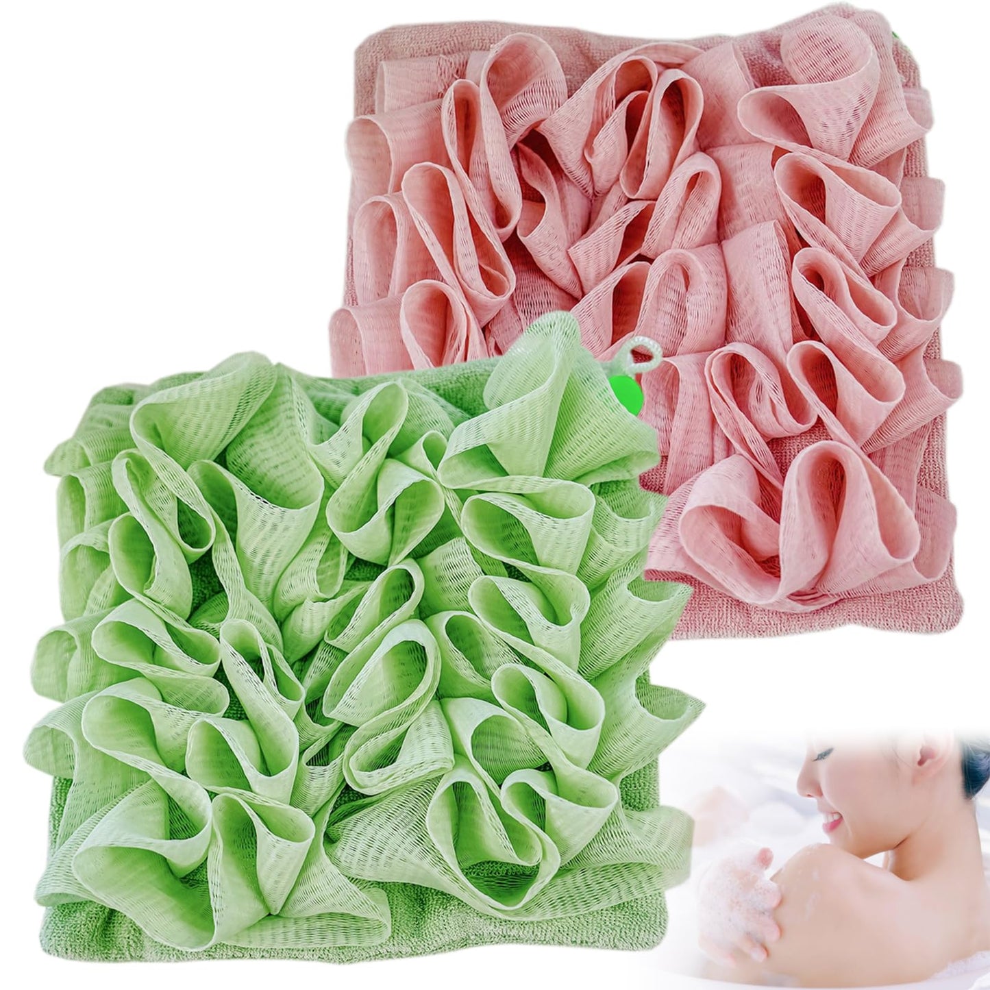 QIYUDA 2pcs Loofah Cloth for Bar Soap, Loofah Washcloth Pink and Green Shower Ball 2-in-1