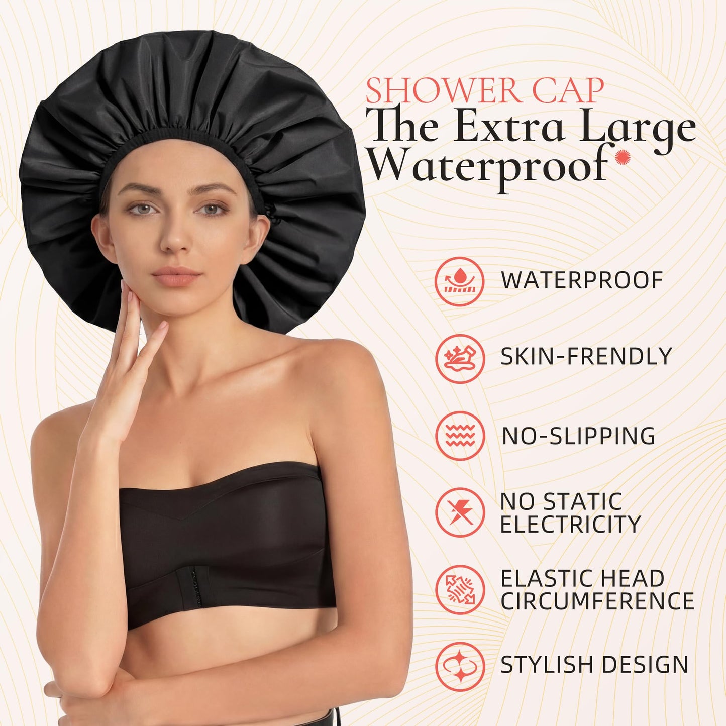 Extra Large Shower Cap for Women, Reusable Waterproof Shower Bonnet with Satin Lining, Double Layer Washable Bath Hair Cap for Braids, Locs, Long Thick Curly Hair, Natural Hair(Big Black)