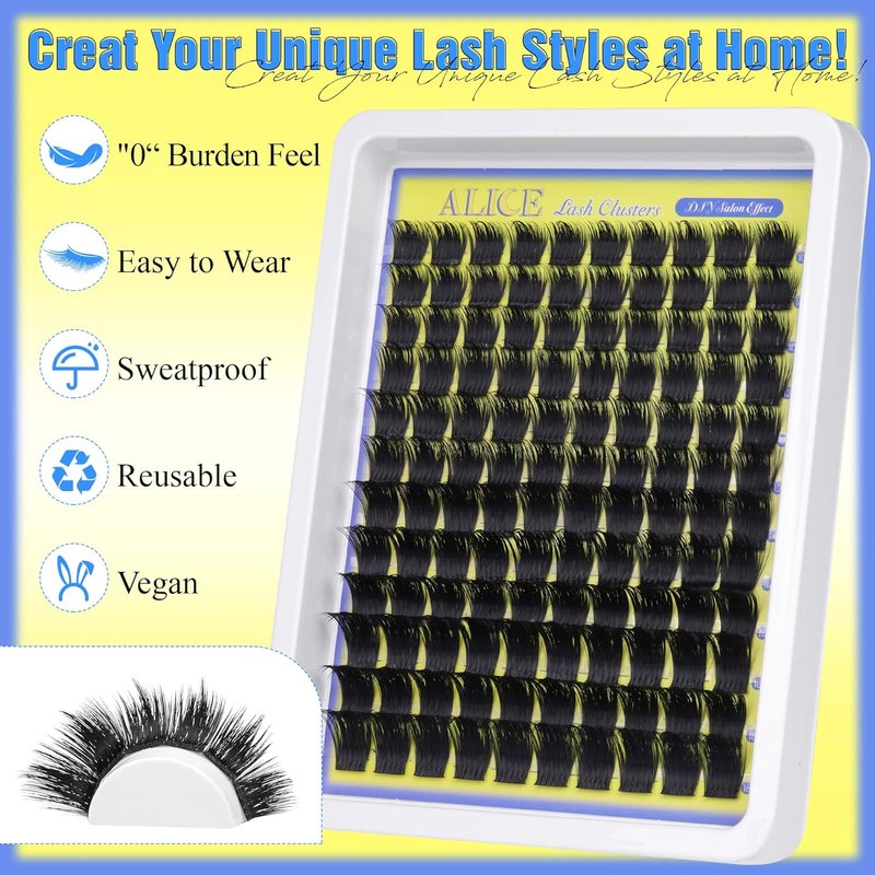 ALICE Wispy Lash Clusters Kit - Thick Volume D-Curl 200D Individual Lashes with Glue for Home Application