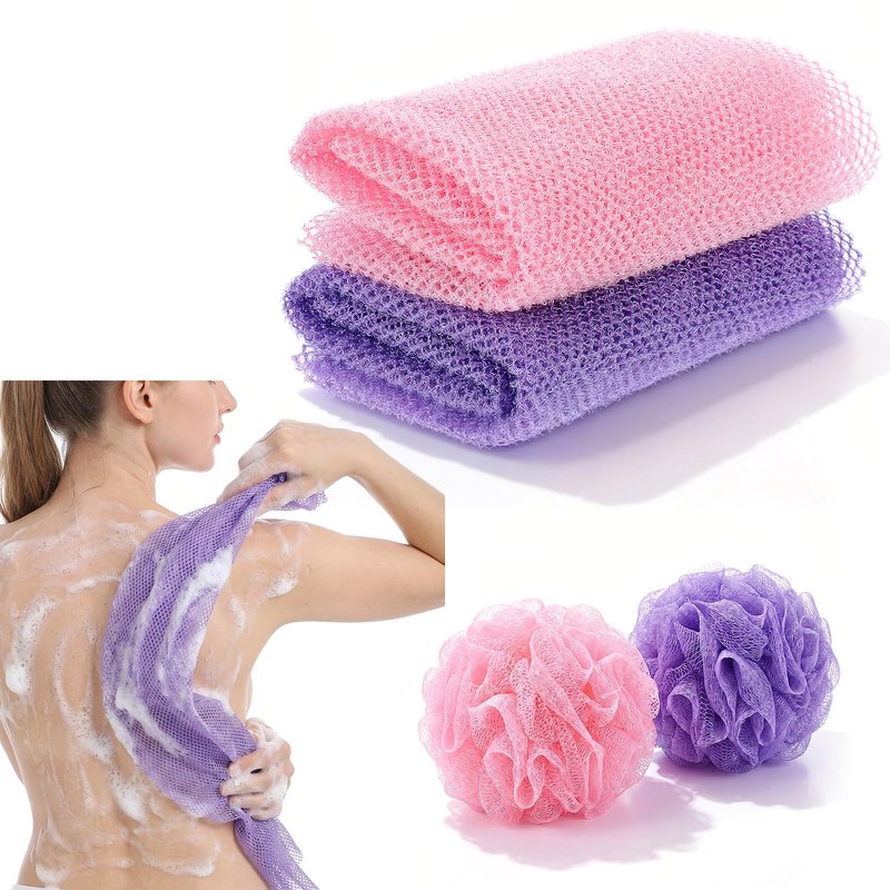 KFHENSOMR African Net Sponge 2Pcs Authentic Exfoliating Body Scrubber Long Net Bath Sponge Loofah Back Scrubber for Shower All Body Skin Nylon (Purple, Pink)