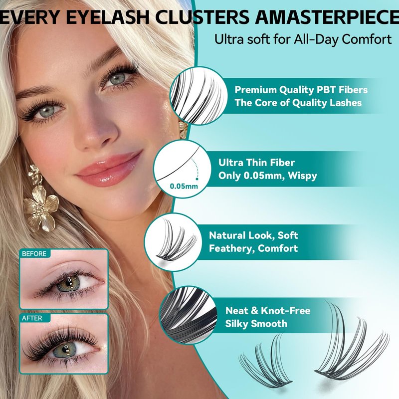600 Pcs Wispy Lash Clusters Kit, D Curl Lashes Clusters Natural Look 9-16mm Individual Super Thin Band DIY Cluster Eyelash Extensions Kit with Bond Seal Tweezers Brush (30D 40D 50D Mix)