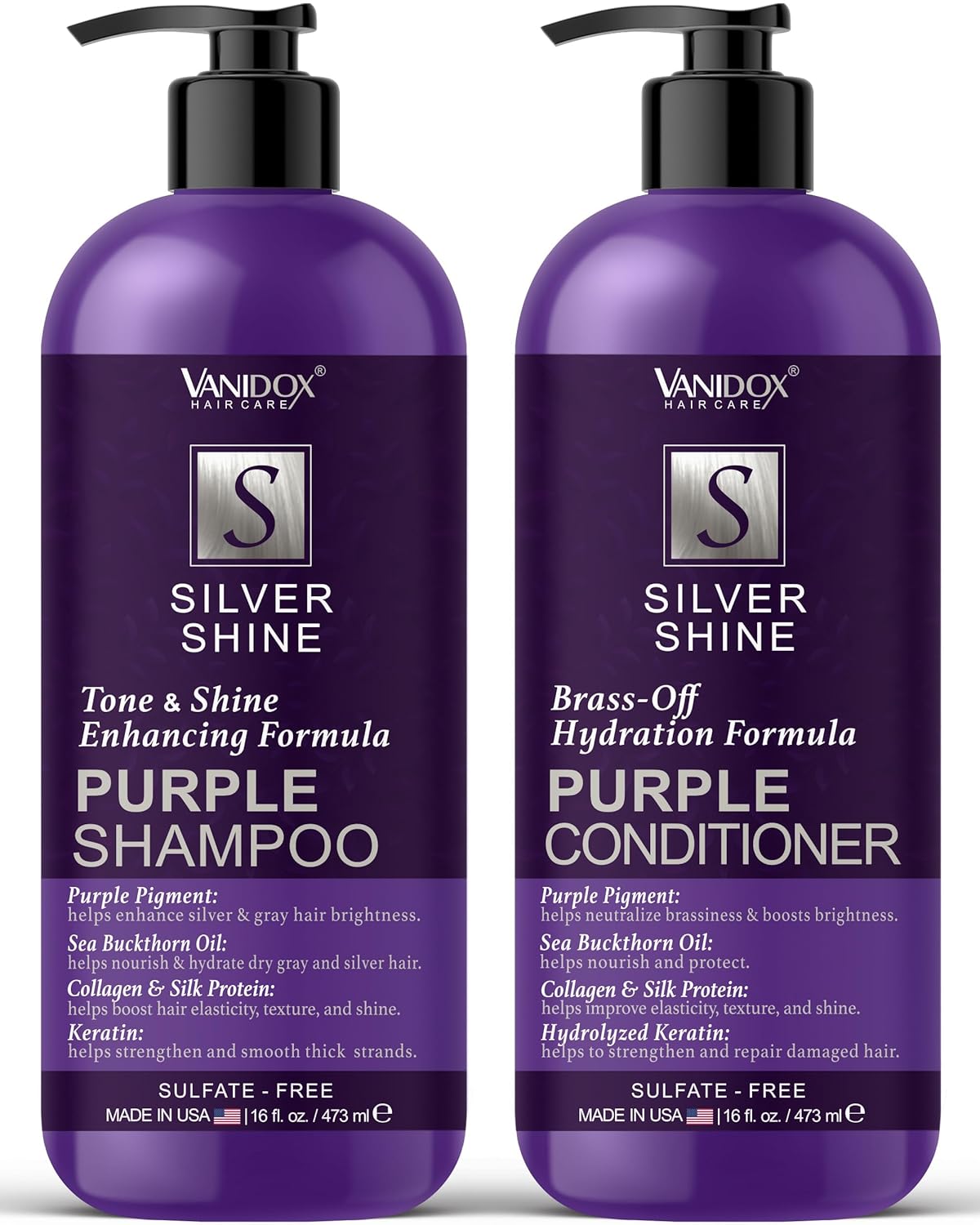 VANIDOX Purple Shampoo & Conditioner Set - Sulfate Free, Moisturizing for Grey & Silver Hair | 16 fl oz Each