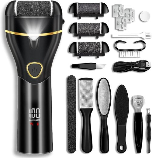Callus Remover for Feet, Electric Foot Callus Remover Waterproof with 3 Rollers 2 Speed Battery Display,17 in1 Rechargeable Foot File Pedicure Kits for Dead Hard Cracked Dry Skin