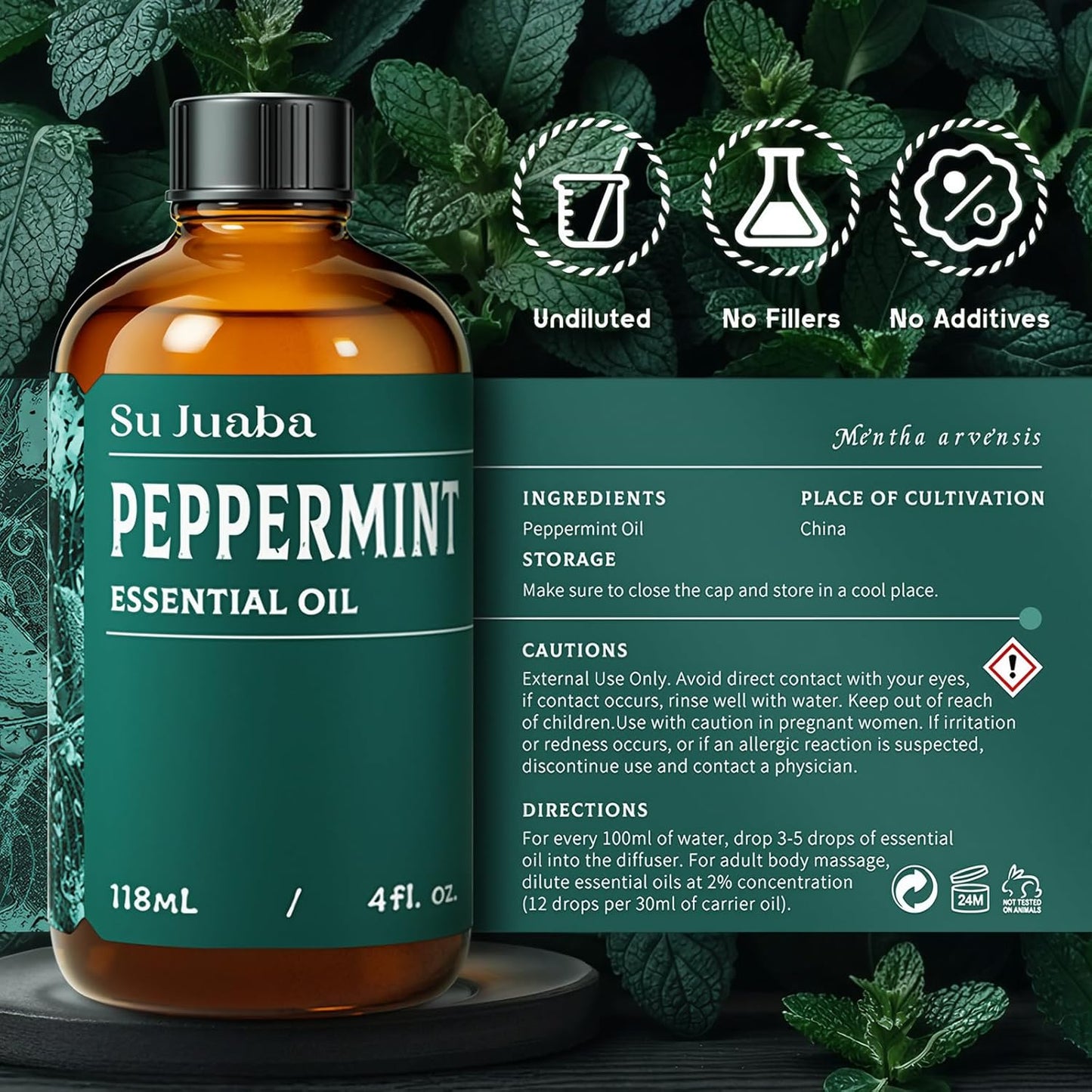 SU JUABA Peppermint Oil - 100% Pure & Natural Aromatherapy Oil for Skin, Hair, Diffuser | 4 Fl Oz (118ML)
