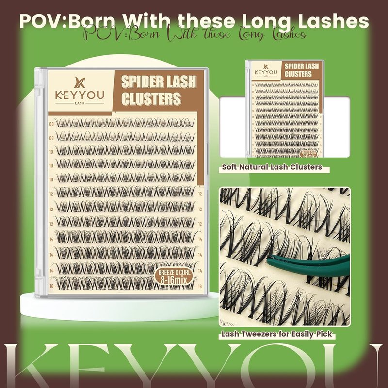 KEYYOU Spider Lash Clusters - Wispy D Curl Eyelash Extensions | Natural Look, 8-16mm Sizes