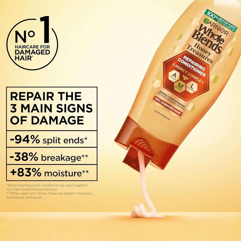 Garnier Whole Blends Honey Treasures Repairing Conditioner - Nourishing Formula for Dry, Damaged Hair | 26.6 Fl Oz