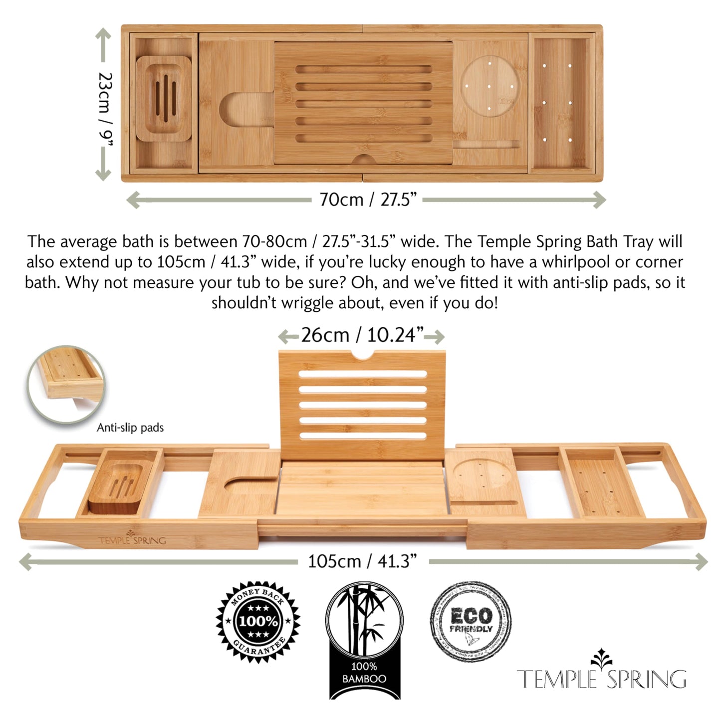 Temple Spring Bamboo Bathtub Tray Caddy for Tub — Expandable Wood Bath Tray with Solid Book Stand Wine Holder and Non-Slip Pads — Includes Bamboo Soap Dish and Spa Accessories — Luxury Bath Gift Set
