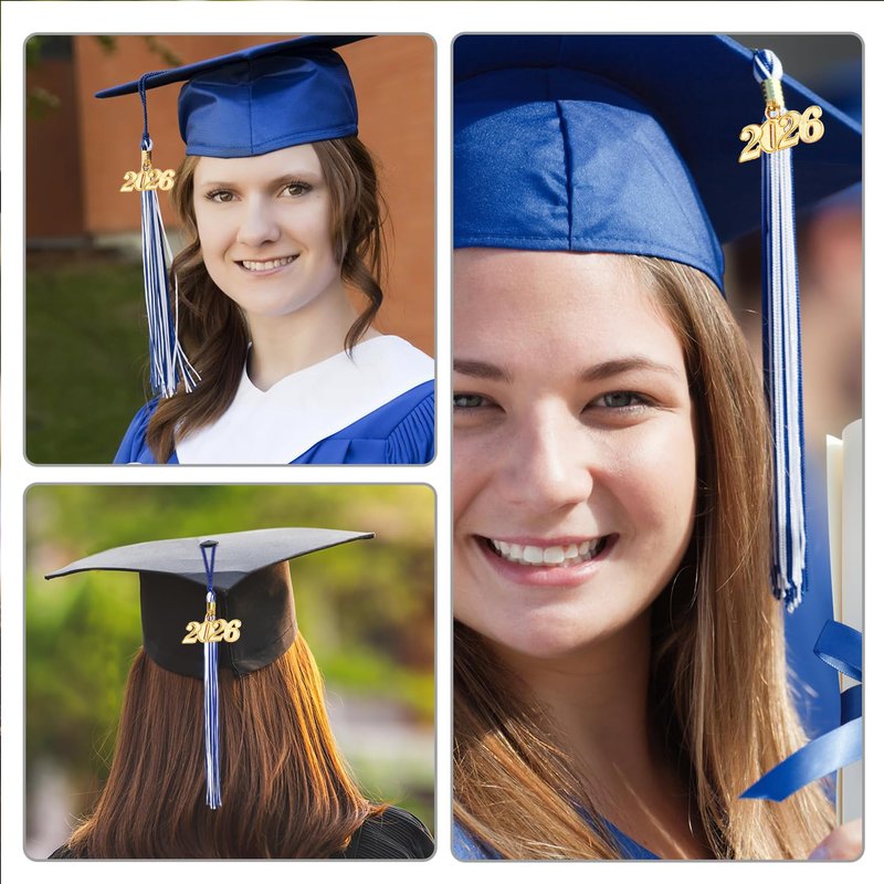 2026 Tassel Graduation, Tassels for Graduation Cap 2026, Blue White Tassel Cap Decorations with Gold Charms Memorial Cords Graduate Hat Ceremonies Accessories for Class of School Grad Souvenir Gifts