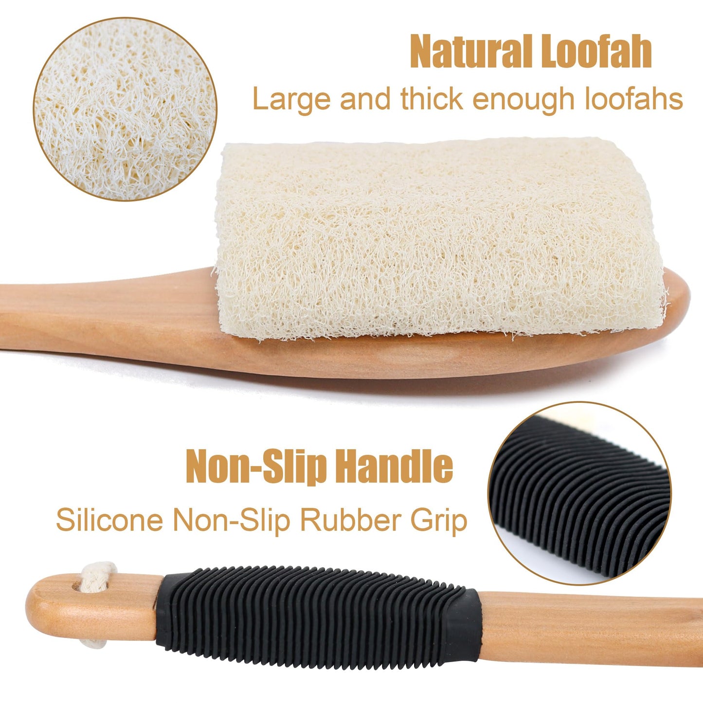 OWIIZI Back Loofah Scrubber Brush with Long Handle, Hard Loofa Sponge Body Bath Scrubber for Shower, Natural Luffa Skin Exfoliating On a Stick for Men Women Elder