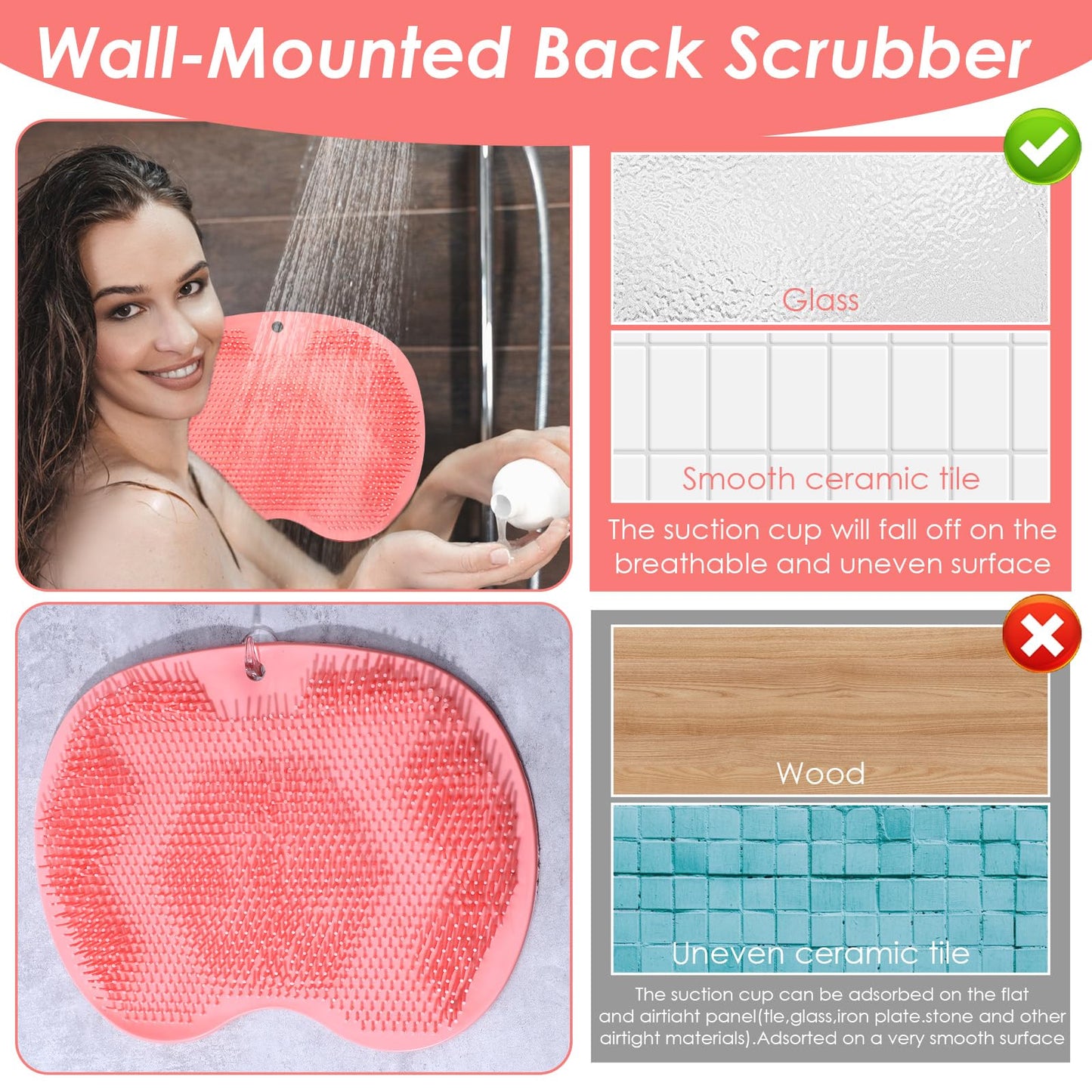 Guduling Foot Shower Scrubber,Silicone Shower Feet Scrubber Mat,with Non-Slip Suction Cups,Exfoliating Bath Wash Pad,Foot and Back Scrubbers for Showers Floor, Pink