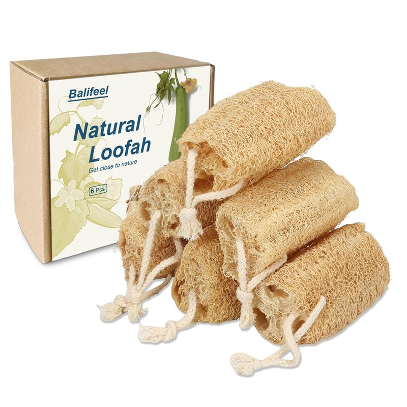 Balifeel Natural Loofah Sponge Organic Loofa Set 6 Pack,Exfoliating Body Scrubber Shower Luffa Men and Women for Bath Cleaning Skin Back and Face Eco Tool