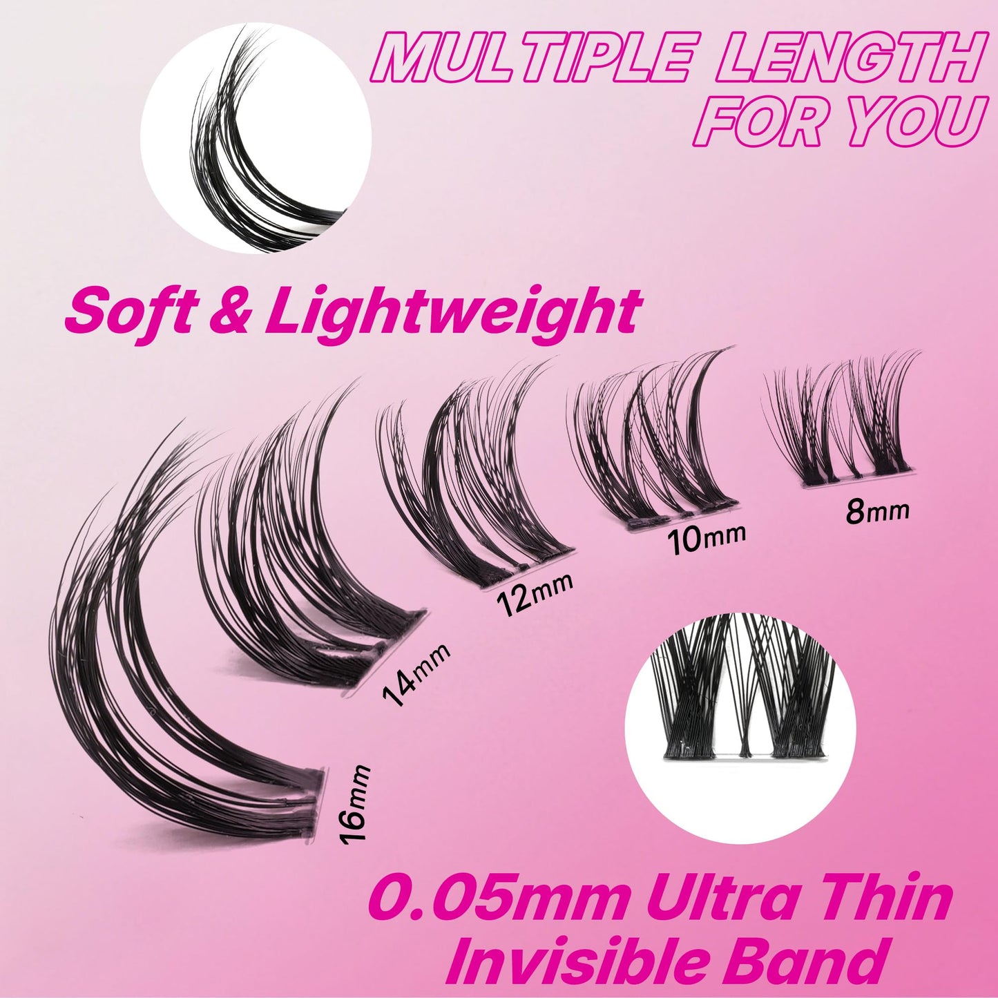 VEYESBEAUTY Lash Clusters Individual Eyelash Extensions Thin & Invisible Band DIY False Eyelashes for Self-application Newbie's Five-Second Series Wispy Lash Tray, Ribbon 8-16mm Mixed Length