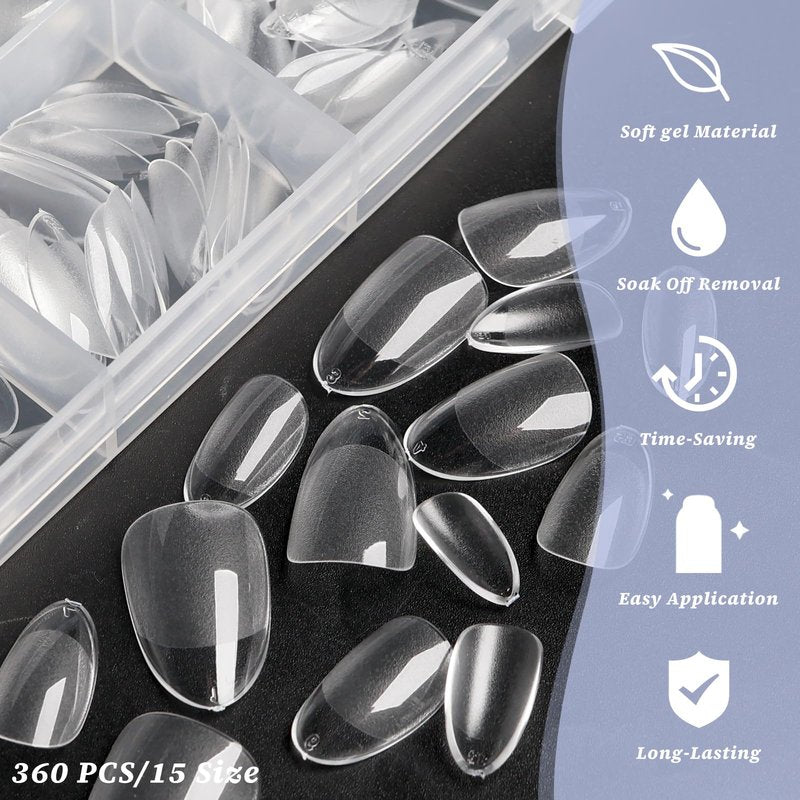 360pc Short Almond Nail Tips, Soft Gel Nail Tip Clear Press on Nail Short Fake Nails Almond, 15 Sizes Full Cover False Artificial Fingernail XS Stiletto Acrylic Nails Tips for Gel Nail Extension