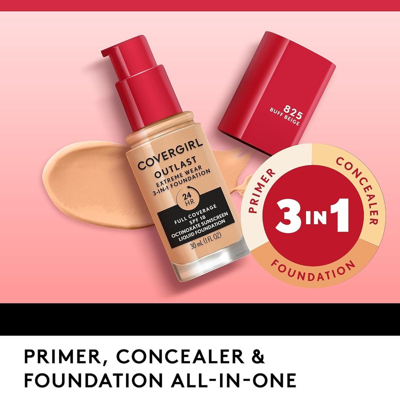 Covergirl Outlast Extreme Wear Foundation - Full Coverage Liquid with SPF 18 | Buff Beige, 1 Fl. Oz.