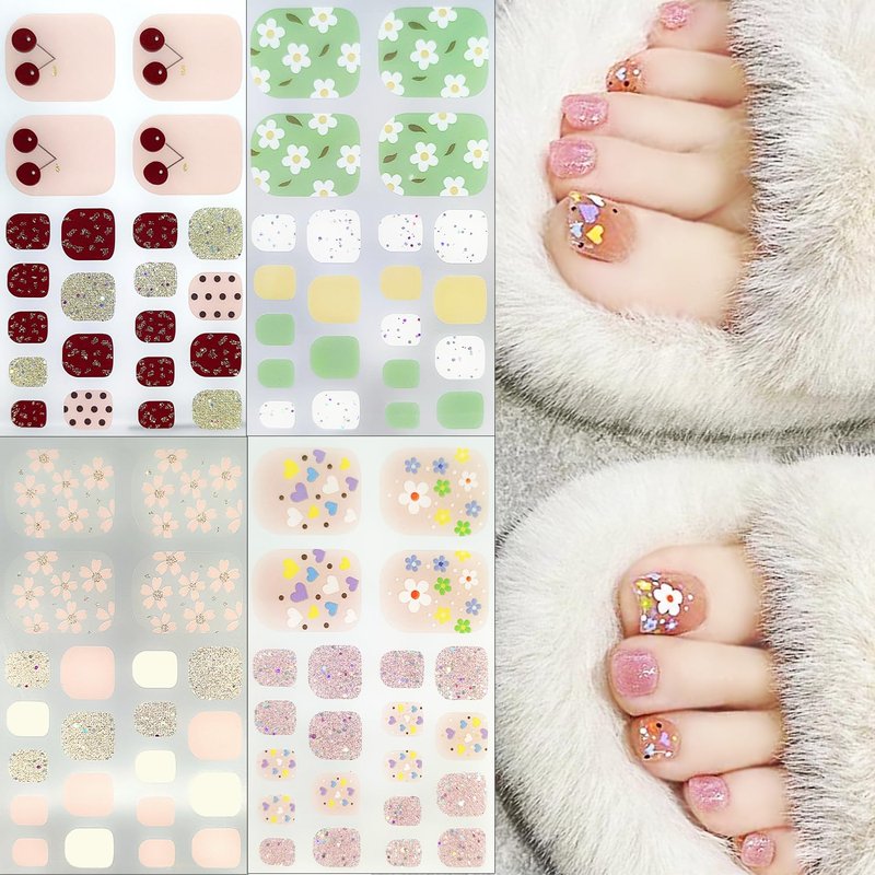4 Sheets Spring Floral Gel Toe Nail Stickers Full Nail Wraps Summer Cherry Toenail Polish Strips for Women Self-Adhesive Toe Stickers Polish Gel Toenails Stickers with 1pcs Nail File