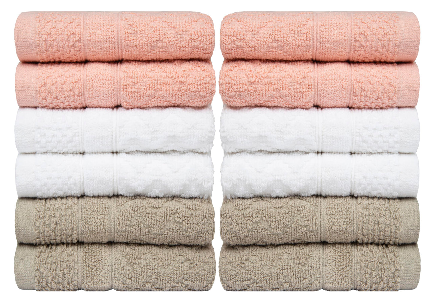 PH Pleasant Home Diamond Wash Cloths Set - 12 Pack (12” x 12”) – 509 GSM - 100% Ring Spun Cotton Wash Cloth - Super Soft and Highly Absorbent Face Towels (Blush, White & Tan)