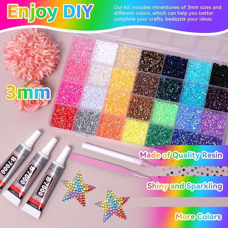 Skiennix 32000 Pcs Rhinestones Bedazzling Kit - Colorful 3mm Flatback Resin Gems for DIY Crafts
