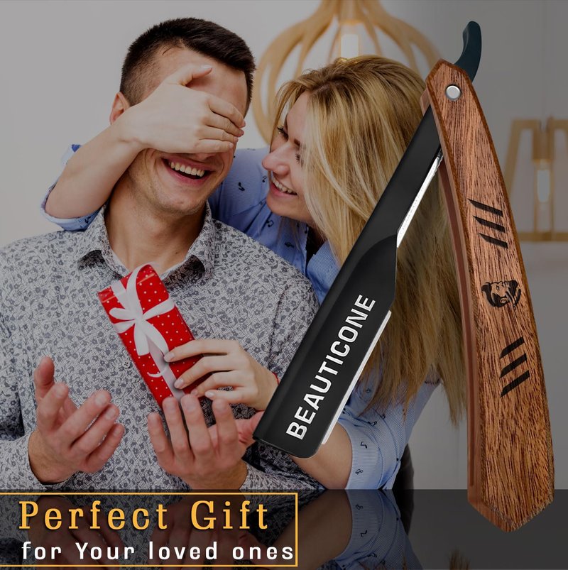 BEAUTICONE Straight Razors for Men - Professional Wood Handle Straight Edge Razor with 20 Replaceable Single Edge Blades - Stainless Steel Barber Shavette for Beard Shaving - Navajas para Barbero