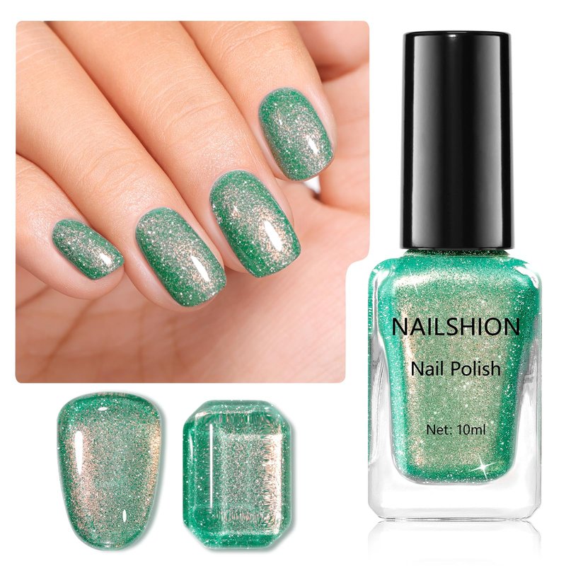 Nailshion Green Nail Polish, Fast Air Drying Sparkly Shimmer Dreamy Teal Glitter Nail Polish, 15 Toxic-free, High Shine Finish, Rich in Castor Oil, DIY at Home Nails Art Salon Travel Manicure Gift