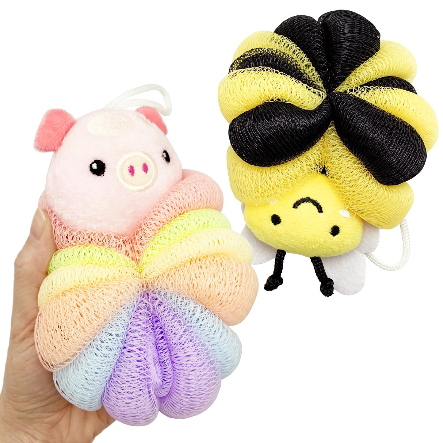 BETITETO Bath Sponges 2Pieces Cute Cartoon Animal Bath Loofahs Pouf Mesh Balls Body Scrubber Bathing Accessories Gifts for Women (Bee + Pig)