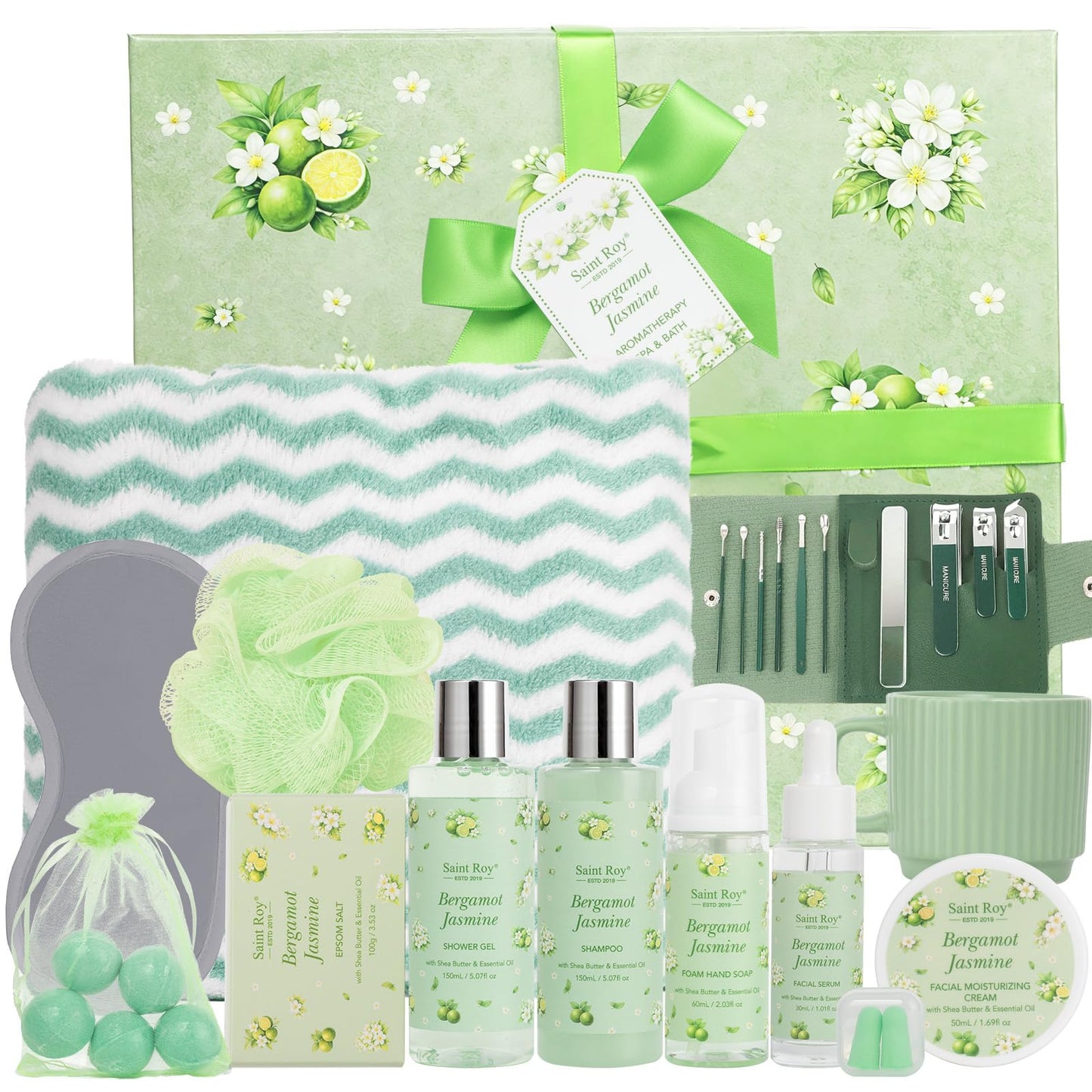 30 Pcs Spa Gifts for Women & Men, Bergamot Jasmine Bath & Body Gift Basket, Self-Care Relaxation Set, Face Skin Care Kit, Home Spa Gift, Birthday, Christmas, Mother's Day, Anniversary, Cup spa kit