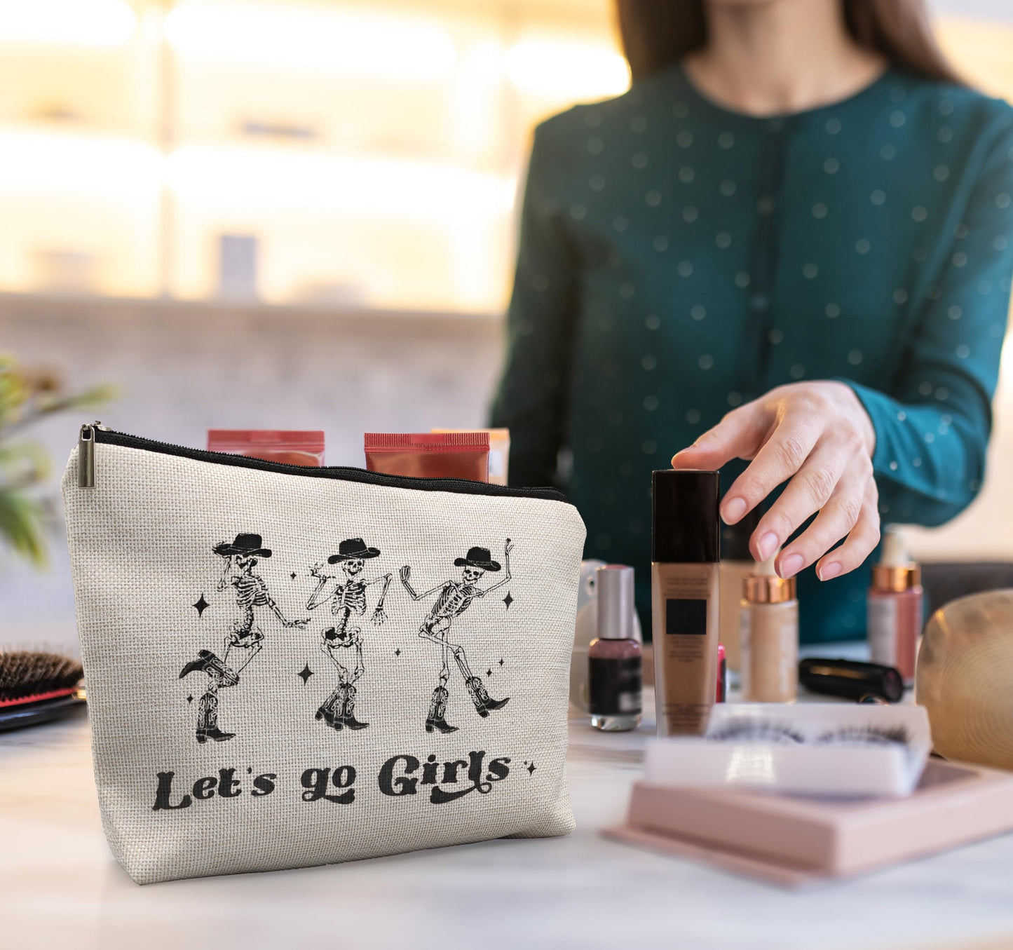 uinwk Western Makeup Bag, Skeleton Makeup Bag, Gothic Makeup Bag, Let's Go Girls Makeup Bag, Western Gifts For Cowgirls