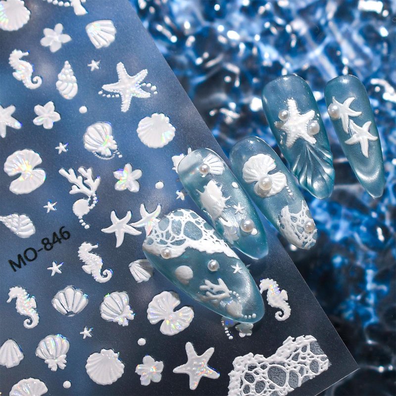 3 Sheets 5D Embossed Ocean Nail Stickers Pink Blue White Shell Starfish Waves Self Adhesive Nail Decals Summer Beach Nail Art Stickers Marine Life Nail Supplies for Women Manicure Decorations