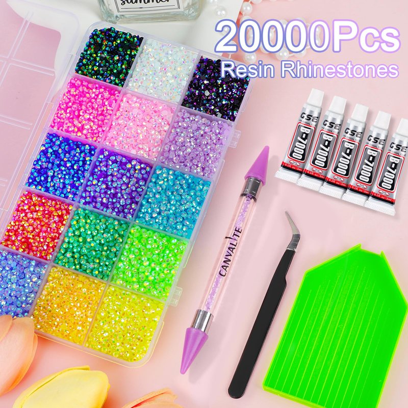18000Pcs Resin Jelly Rhinestones for Bedazzling, Multicolor 3mm Flatback Rainbow Gems, Bedazzling Crystal with 4Pcs 2.5g Jewelry Glue, Rhinestone Picker for DIY Crafting Clothes Shoes Nail Art